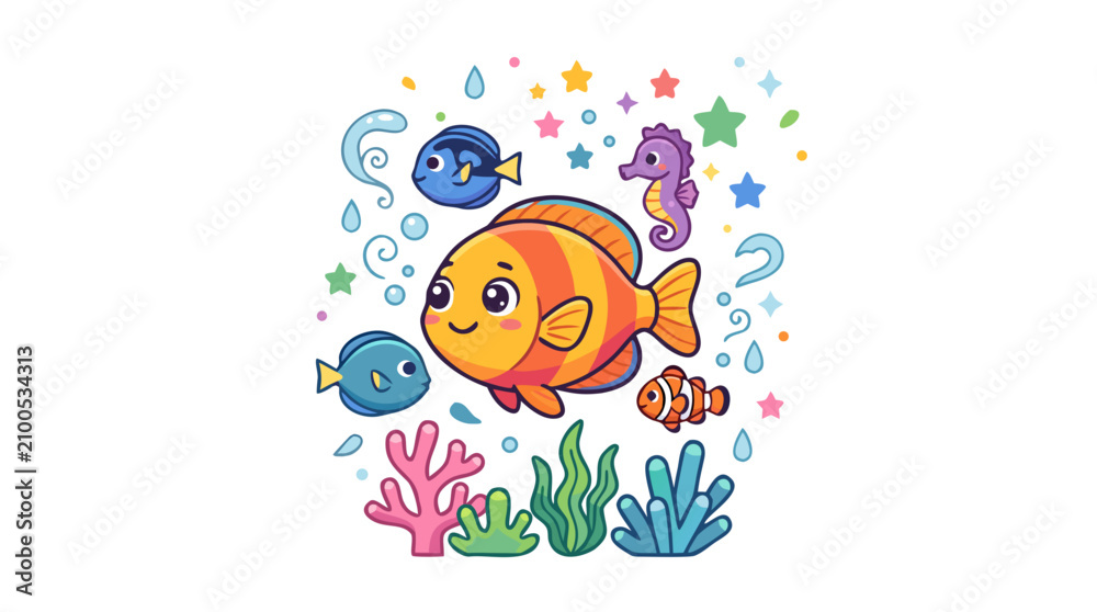 Fototapeta premium Whimsical underwater scene featuring a friendly cartoon fish, seahorse, and vibrant coral reefs, ideal for children's illustrations and ocean-themed designs