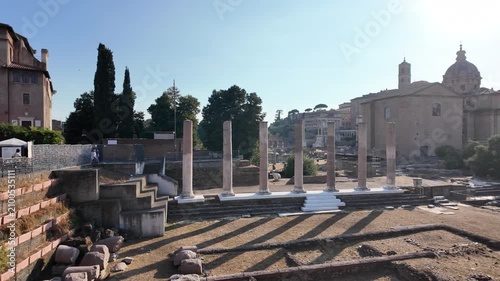 Majestic view of ancient Roman Forum columns at sunset in Rome Italy