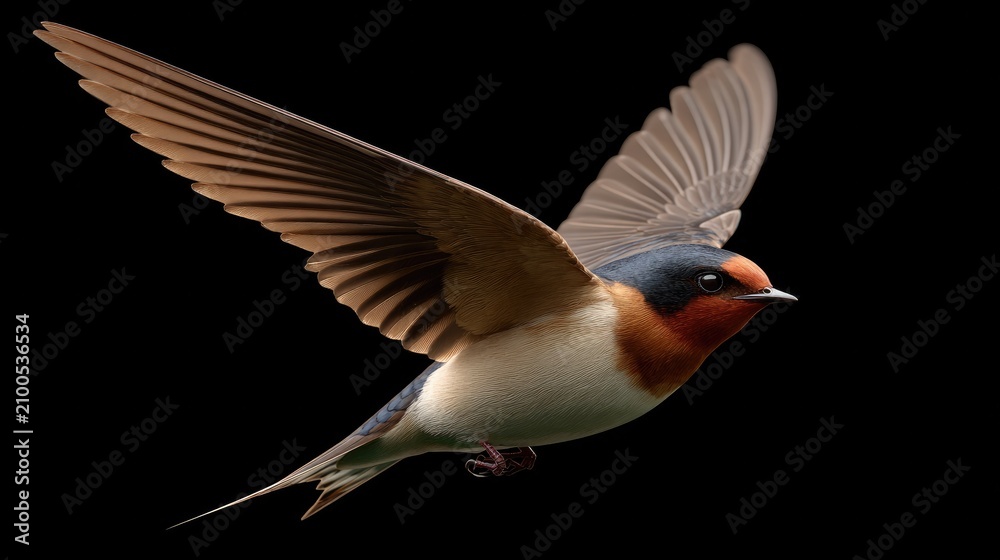 Obraz premium Barn Swallow in Flight: A beautiful barn swallow with distinct coloring and wings spread wide soars through the air with elegance and precision.