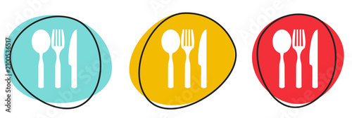 Button Banner Set mit 3 bunten Buttons: Besteck oder Restaurant Symbol