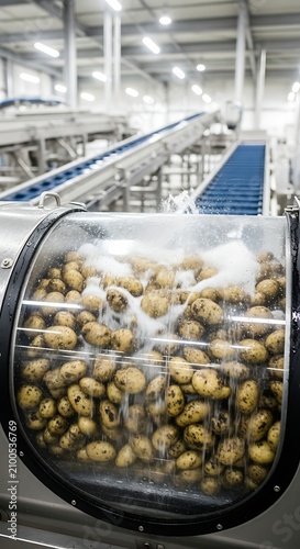 A large industrial machine processes potatoes on a conveyor belt in a factory setting