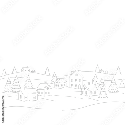 Peaceful Outline Snowy Village With Tiny Houses and Pine Trees Village