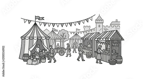 Medieval market scene with people tents.