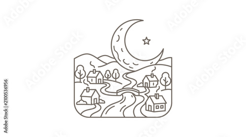 Moonlit Village Landscape with Crescent.