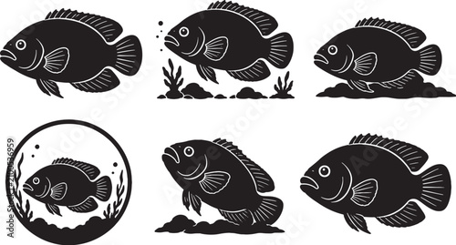 Bild auf Leinwand Oscar Fish Silhouette Icon Set Black Vector Aquarium Cichlid Collection