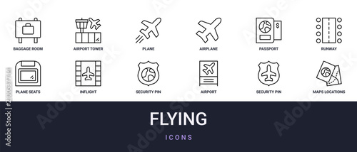 Photos Set of 12 outline web Flying icons such as maps and locations, security pin, air