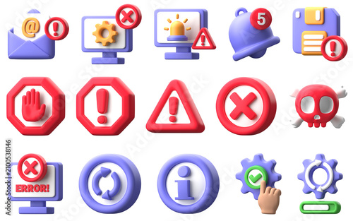 3D render of a comprehensive collection of error and alert icons
