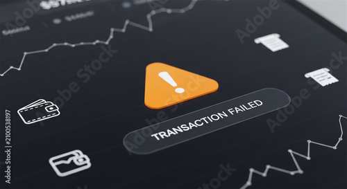 Transaction failed notification on digital screen, financial error message with warning icon, stock market decline chart
