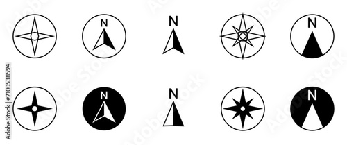 Compass and Navigation Icons Set – Compass Rose, North Direction Arrow and Navigation Pointer Symbols in Outline and Solid Style Vector Collection for Maps, GPS and Travel on Transparent background 