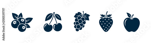 Minimal Fruit Silhouette Icons Collection Isolated on White Background, Flat Black Vector Set Featuring Blueberry, Cherry, Grapes, Strawberry and Apple for Logo, App and Web Design