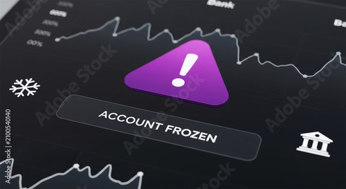 Frozen bank account notification on digital screen, financial security alert with warning icon, blocked online banking dashboard