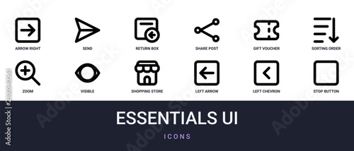 Fotografie Set of 12 outline web Essentials UI icons such as stop button, left chevron, lef