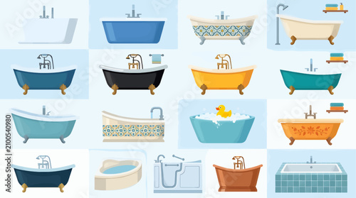 Foto Set of Bathtub Vector Illustrations in Various Styles, Including Clawfoot Tubs,