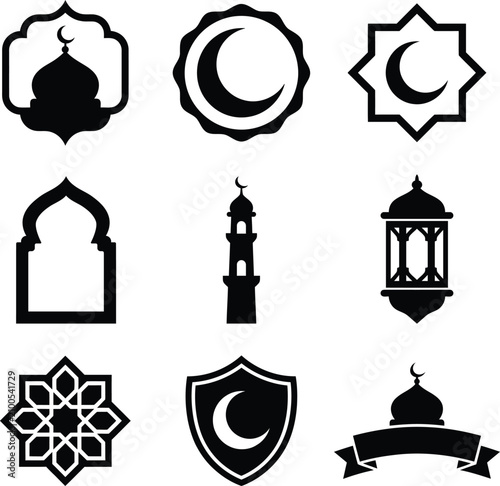 Fotografie Islamic icons set with mosque dome crescent minaret lantern badge