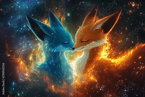 Two mystical foxes with blue and orange fur touching noses in a cosmic nebula filled with glowing stardust particles