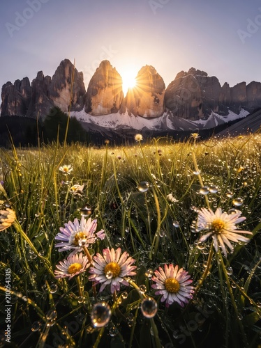 Peaceful alpine landscape capturing the quiet moments of dawn, where heavy morning condensation covers daisies in a high-altitude mountain basin.