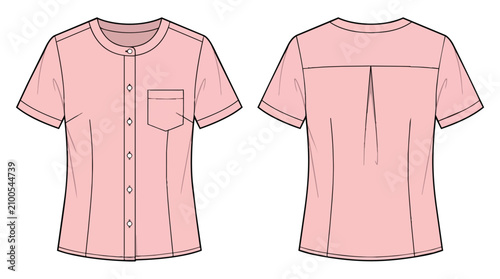 Pink Women's Short Sleeve Button Down Blouse Technical Fashion Sketch Front and Back View Casual Shirt Template