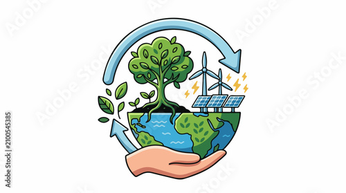 Earth cradled in hand with renewable energy tree and arrows