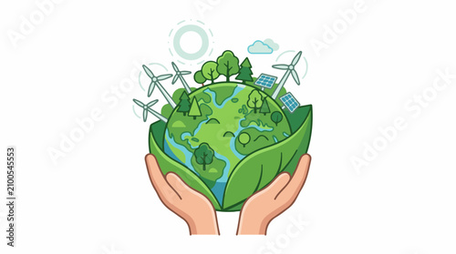 Earth cupped in hands with trees wind turbines solar panels and clouds