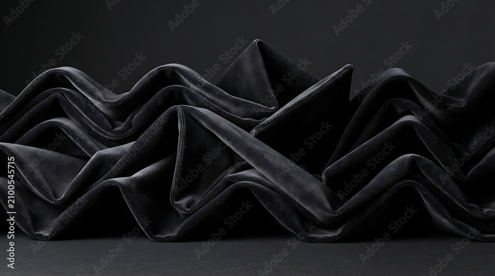 Obraz premium Dark velvet fabric with geometric waves. Luxury black textile background with folds.