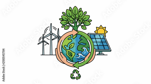 Earth embraced by hands with renewable energy sources