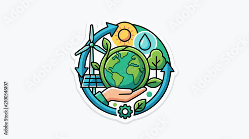 Earth held in hand with renewable energy cycle symbols