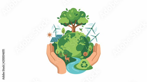 Earth held in hands with renewable energy trees and wildlife