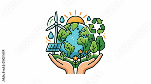 Earth held in hands with green energy and flora symbols