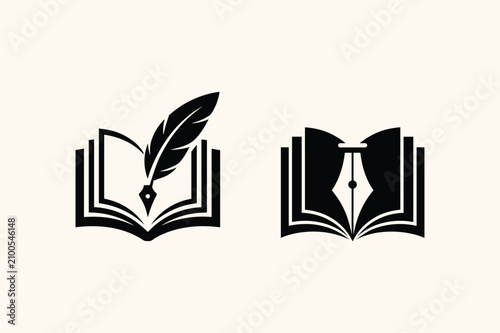 Open book icons with feather quill pen and fountain pen nib.