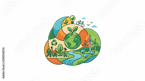 Earth in abstract circular art with renewable energy and people