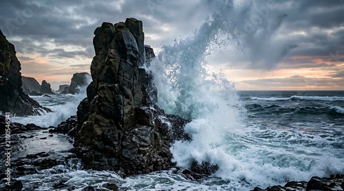 Powerful ocean wave crashing against dark coastal rocks at sunset