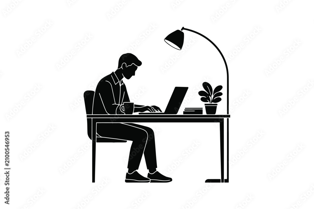 Fototapeta premium Silhouette Of Man Working At Desk With Laptop Black Vector