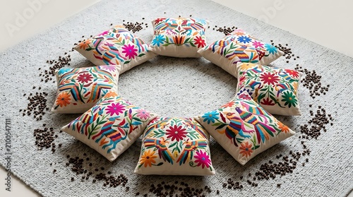 Vibrant mexican otomi style pillows in a circle with coffee beans