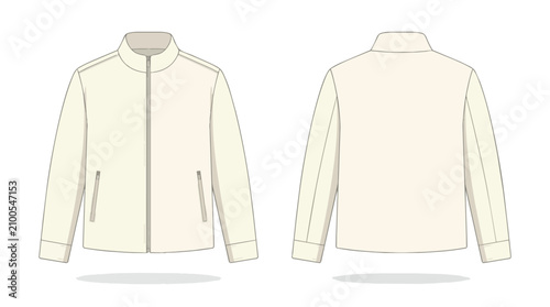 Men's Beige Casual Zip Up Jacket Mockup Technical Flat Sketch Front and Back View for Fashion Design Template
