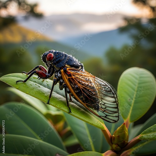 A large insect with orange wings and a black body perches on a green leaf, with a blurred mountainous background