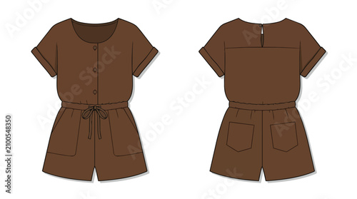 Women Brown Short Sleeve Button Up Romper Fashion Flat Sketch Technical Illustration Front and Back View Template