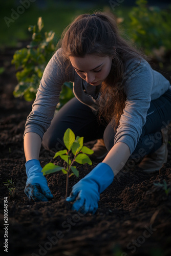 Young woman wearing blue gardening gloves planting a small green tree in the soil during a dim evening light