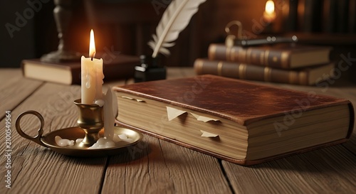A large leather-bound book lies open on a wooden table beside a lit candle