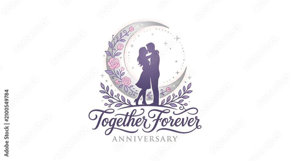 Fototapeta premium Romantic silhouette of a loving couple embracing tenderly in front of a decorative crescent moon adorned with soft pink roses and elegant floral leaves featuring the graceful script 