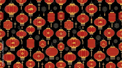 Red and gold chinese lanterns seamless pattern on black background