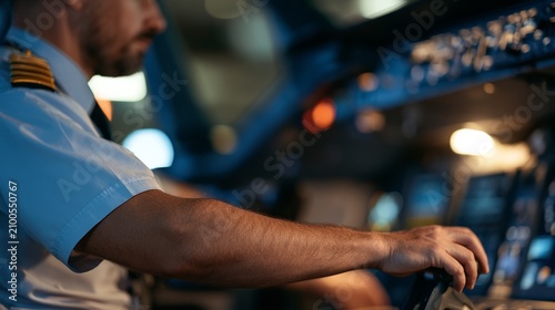 Airline Pilot in Cockpit, Operating Aircraft Controls