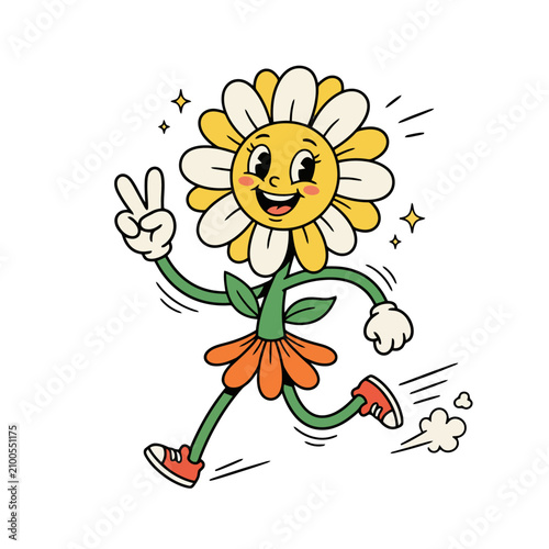 A happy cartoon flower character running and showing a peace sign