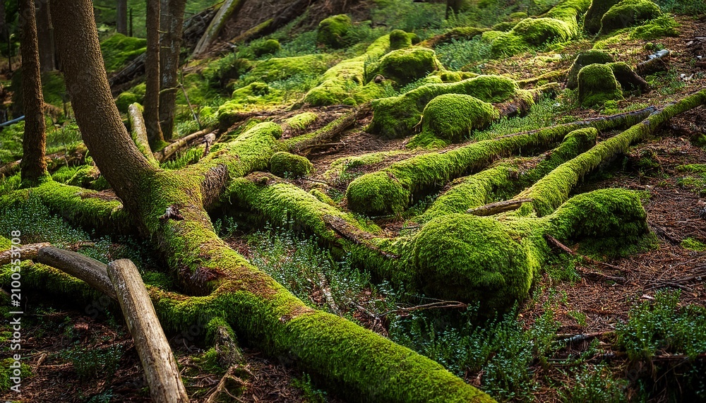Obraz premium Background Of Forest Earth Litter From Moss And Fallen Branches
