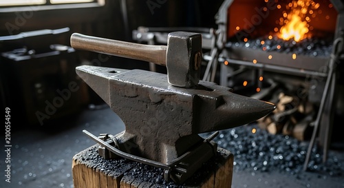 A large metal anvil sits atop a wooden block in a dimly lit workshop with a glowing forge in the background