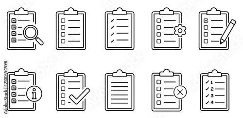 Checklist Icon Set - Line Art Clipboard and Task List Vector Collection
