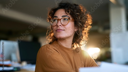 Professional Woman in Office Environment, Posing with Papers, Wearing Glasses and Casual Attire