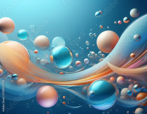 colorful floating spheres and bubbles on soft blue abstract background with flowing organic shapes