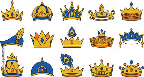 Foto Collection of indian crowns and king headdresses cartoon vector illustrations
