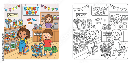 Fotografie Coloring book page of a sweet shop with colored reference, featuring kids buying