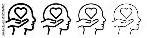 Mental health support icon with human head, caring hand and heart in varying line weight. Psychology, emotional wellbeing and healthcare symbol for medical, wellness and therapy design.